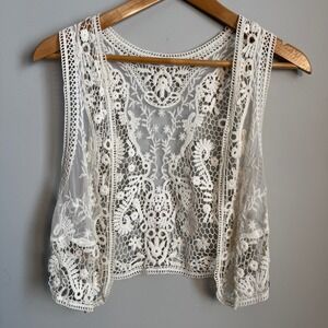 Garage GRG Montreal Floral Crochet Lace Vest Cream Bohemian Open Front XS/S